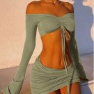 Green Drawstring Ruched 2 Piece Sets for Women Sexy Tie Front Top and Skirt