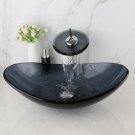 Tempered Glass Hand Painted Waterfall Spout Basin Black Tap Bathroom Sink