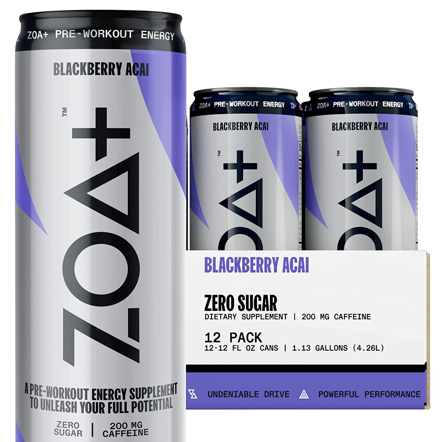 -ZOA+ Pre-Workout Energy Drink,- Blackberry Acai --12 Fl Oz - Zero Sugar, (Pack of 12)