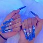 Press on Nails Long Coffin Fake Nails Blue False Nails with  Luxury Gem Full Cover