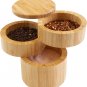 Triple Salt Cellar, 3 Tier Bamboo Kitchen Salt and Pepper Storage Box with Magnetic Swivel Lids