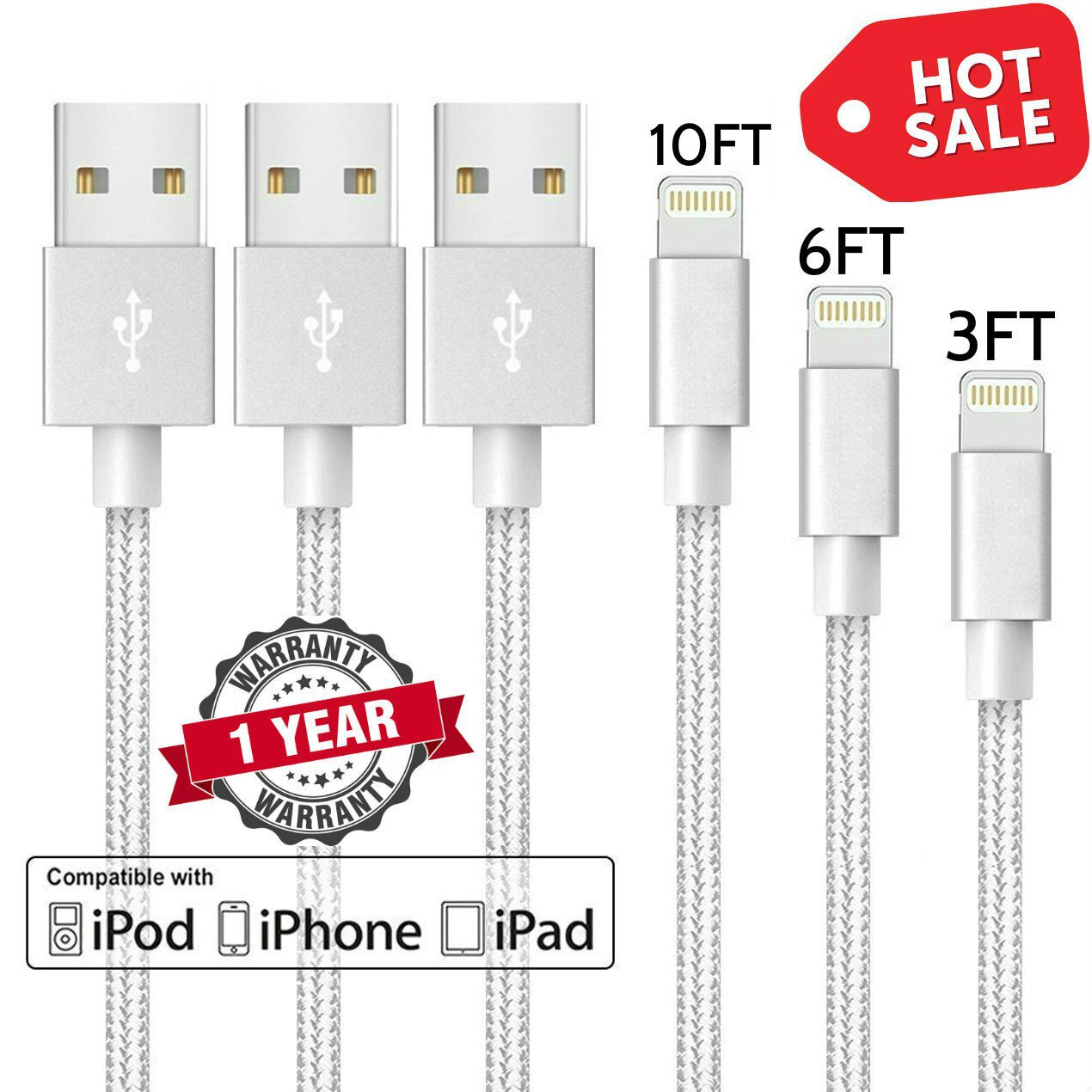 3 Pack x 10 ft Fast Charger Cable Heavy Duty For iPhone 13 12 11 X XR 8 7 Charging Cord