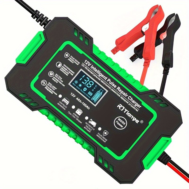 12V Smart Battery Charger with LCD Display, 6A Pulse Repair, Temperature Compensation - Automot