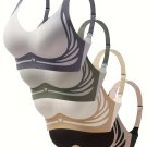 4pcs Set Women's Sporty Seamless Wireless Bralette Bra Set with Striped Pattern, Removable Pads 4pcs Set Women's Sporty Seamless Wireless Bralette Bra Set with Striped Pattern, Removable Pads