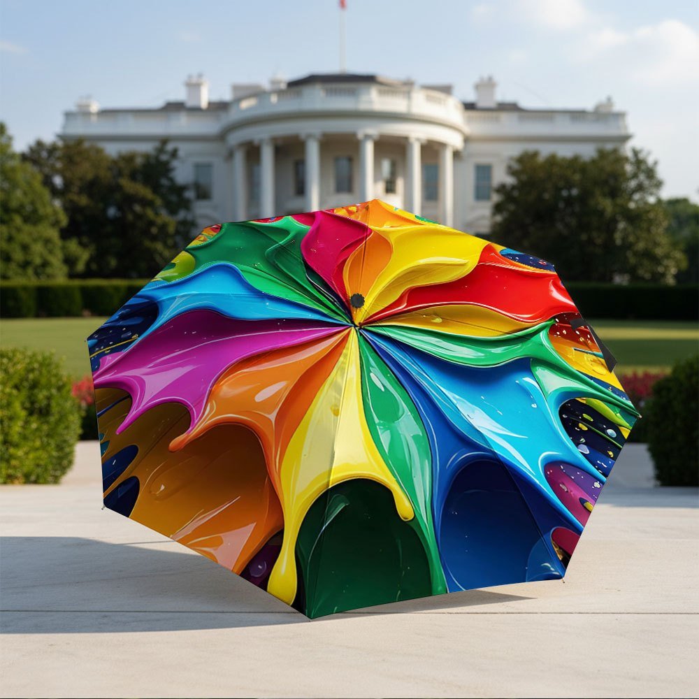 Nous Automatic Folding Umbrella Rainbow Swirl with Paint-like Splashes.