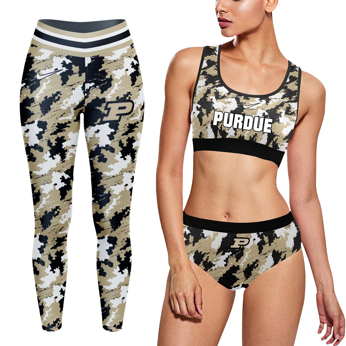 Purdue Boilermakers Workout Fitness 3 Pcs Camo Leggings and Bra Set