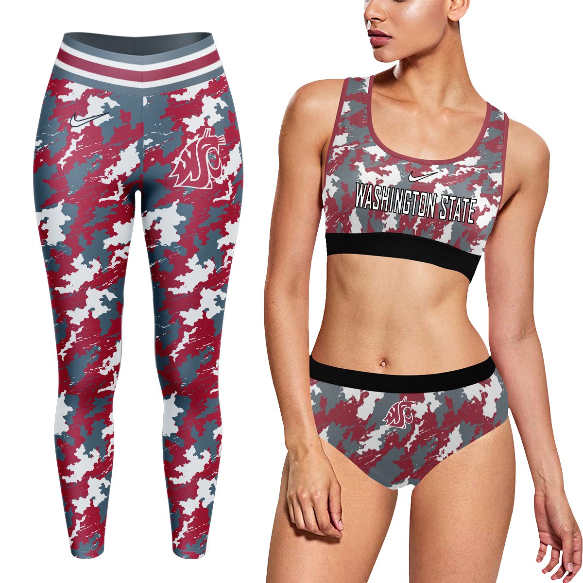 Washington State Cougars Workout Fitness 3 Pcs Camo Leggings and Bra Set