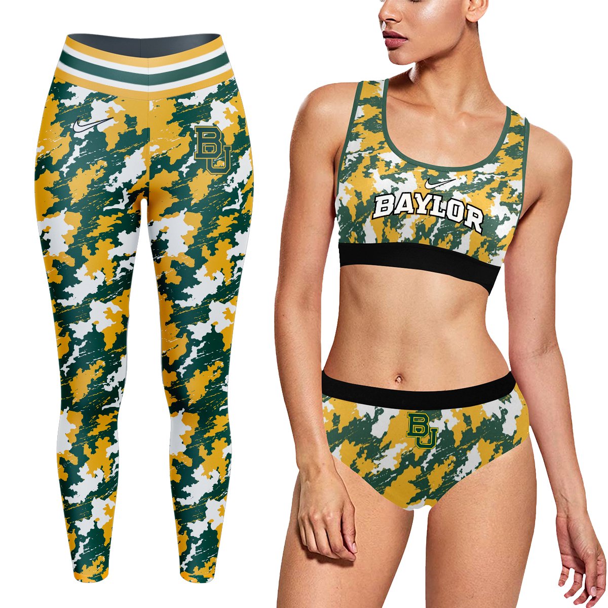 Baylor Bears Workout Fitness 3 Pcs Camo Leggings and Bra Set