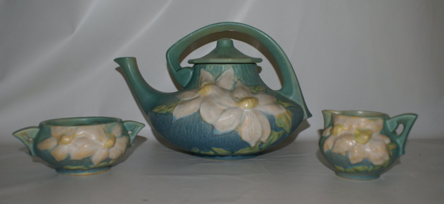 Roseville Blue Green Clematis Teapot Set c1940