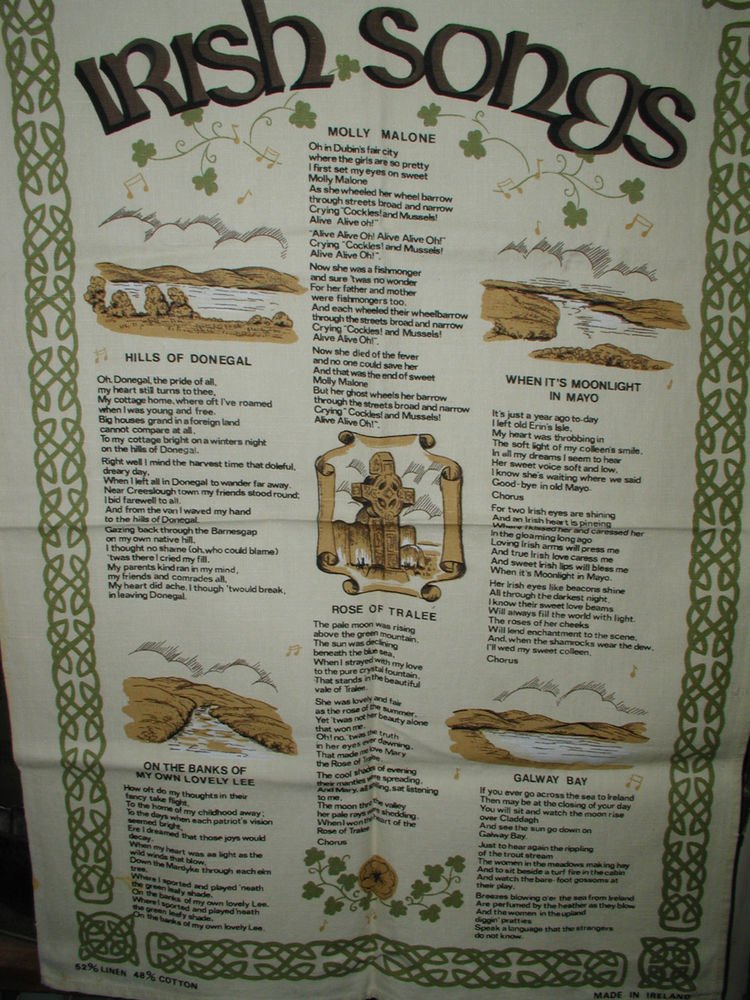 Irish Songs and Ballads Tea Towel, Rose of Tralee, Molly Malone, Galaway Bay