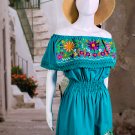 Artisan Mexican Style Dress with Embroidered flowers - Size M (White/Blue)
