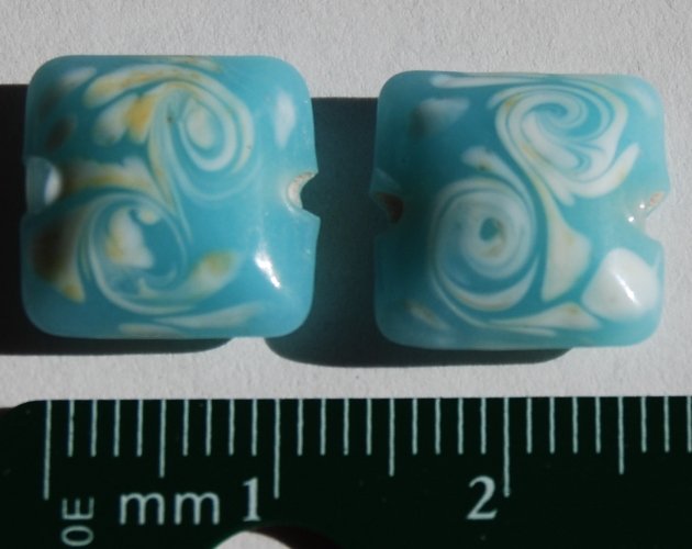 Aqua Blue Glass Pale Sherbet Swirl 10mm Chiclet Beads Square