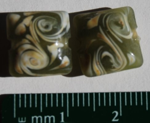 Olive Green Glass Pale Sherbet Swirl 10mm Chiclet Beads Square