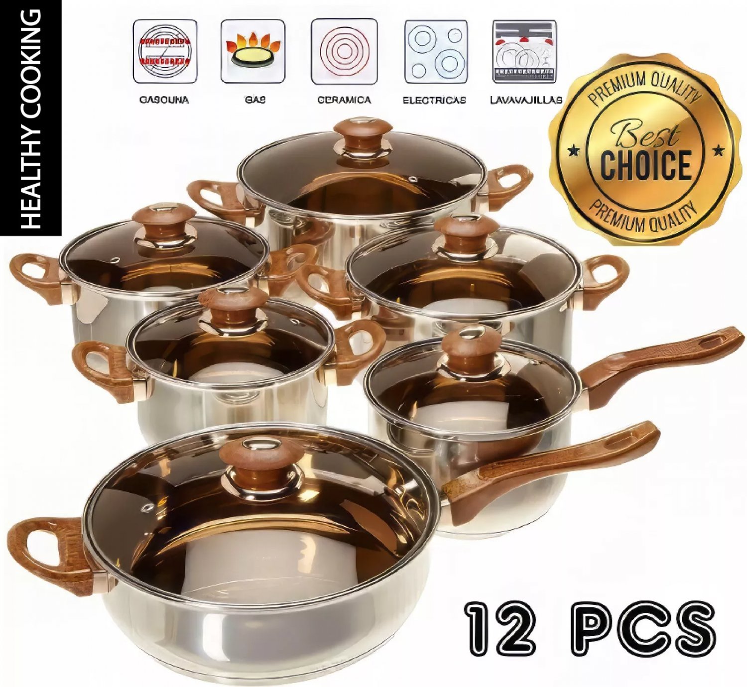High Quality Stainless Steel Cookware Set Pots Sauce Pans Frying Pan Set 12 Pieces, Silver