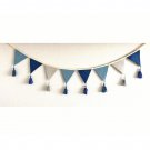 Gray blue fabric pennant bunting banner with tassels, linen rustic flag garland for nursery