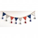 Blue gray terracotta fabric bunting banner, linen bunting flags with tassels
