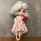 Blythe doll clothes, white-red flower print dress with different color sleeves.