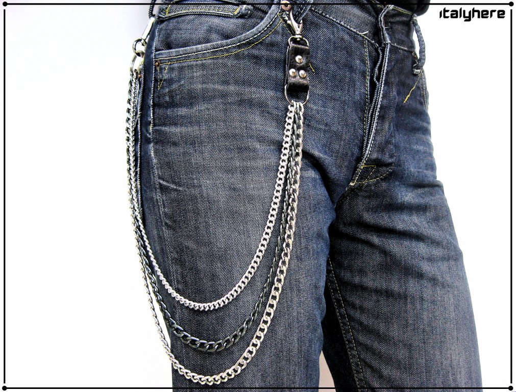 Chain for trousers and jeans, triple chain, attachment in vegetable tanned cowhide leather, 76 cm