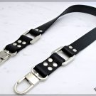 Bag handle, double face black leatherette with silver square rings and luxury carabiners - 60 cm.