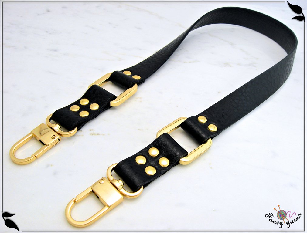 Bag handle, double face black leatherette with gold square rings and ...