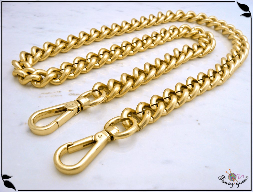 Bag chain, thick curb link with luxury carabiners, gold color, 14 mm wide, available in 11 sizes