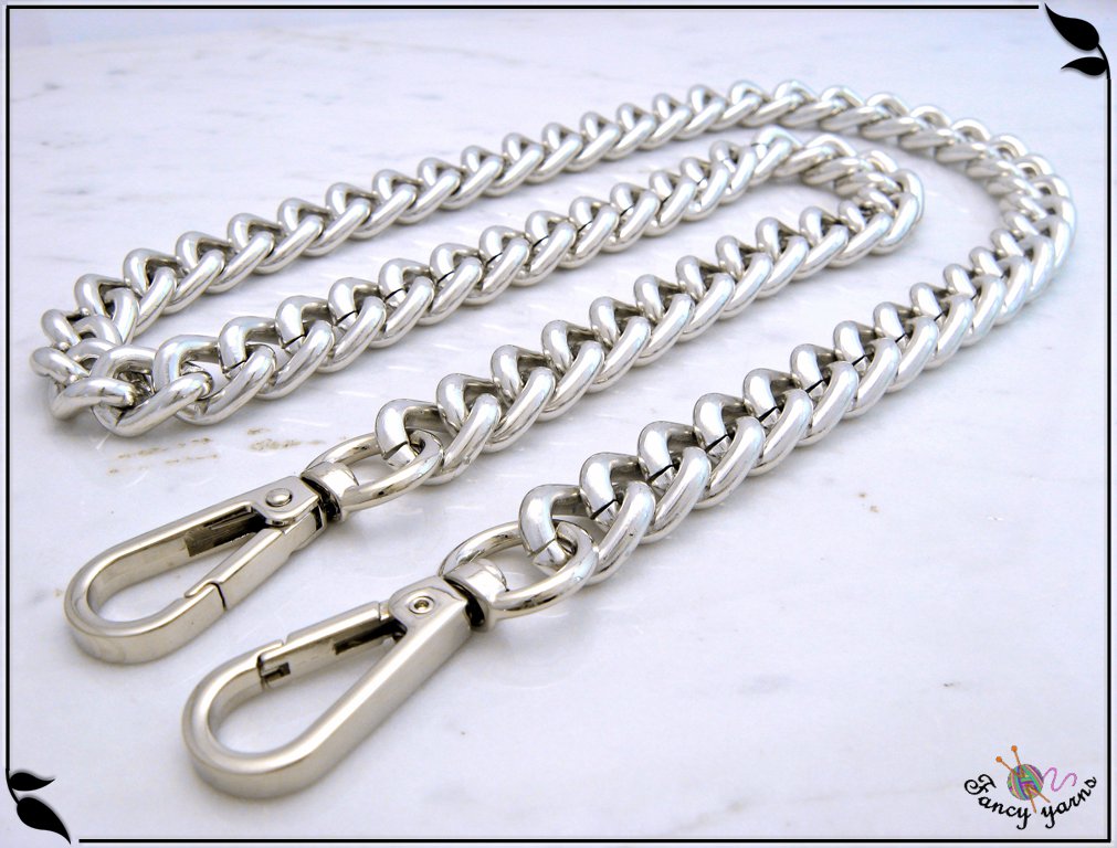 Bag chain, thick curb link with luxury carabiners, silver color, 14 mm wide, available in 11 sizes