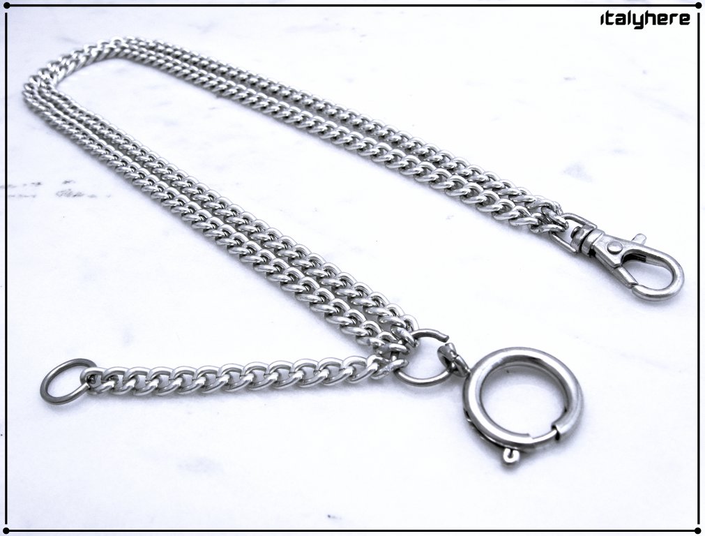 Pocket watch chain, double chain curb model with pendant, carabiner or T-bar, cm. 35