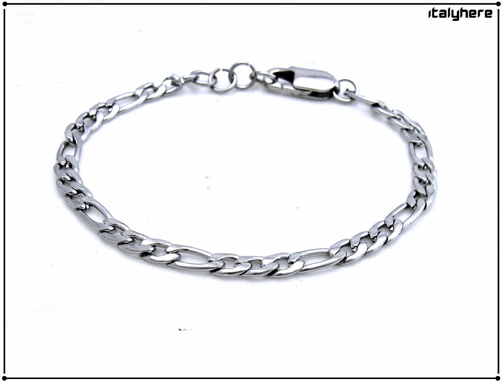 Unisex bracelet, stainless steel chain, flat figaro link, silver color, 4.5 mm wide, gift idea