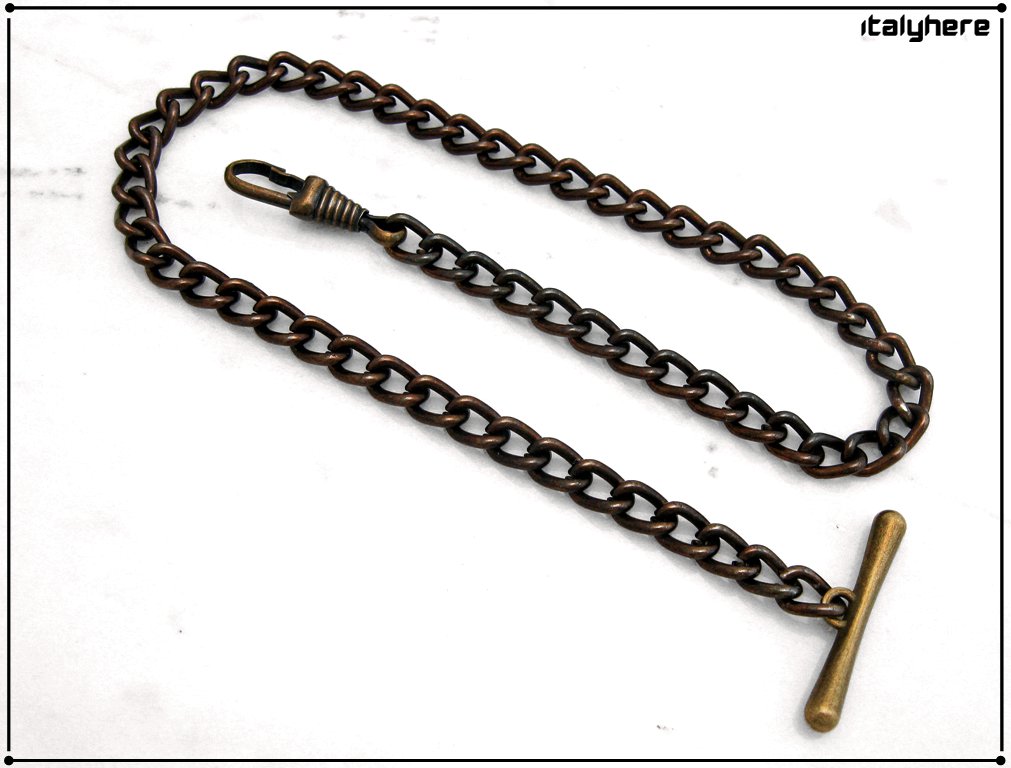 Iron pocket watch chain, gourmette model, 35 cm - aged brass color, T-bar attachment