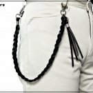 Chain for trousers in hand-woven black leather, with leather tassel and luxury snap hooks, 60 cm