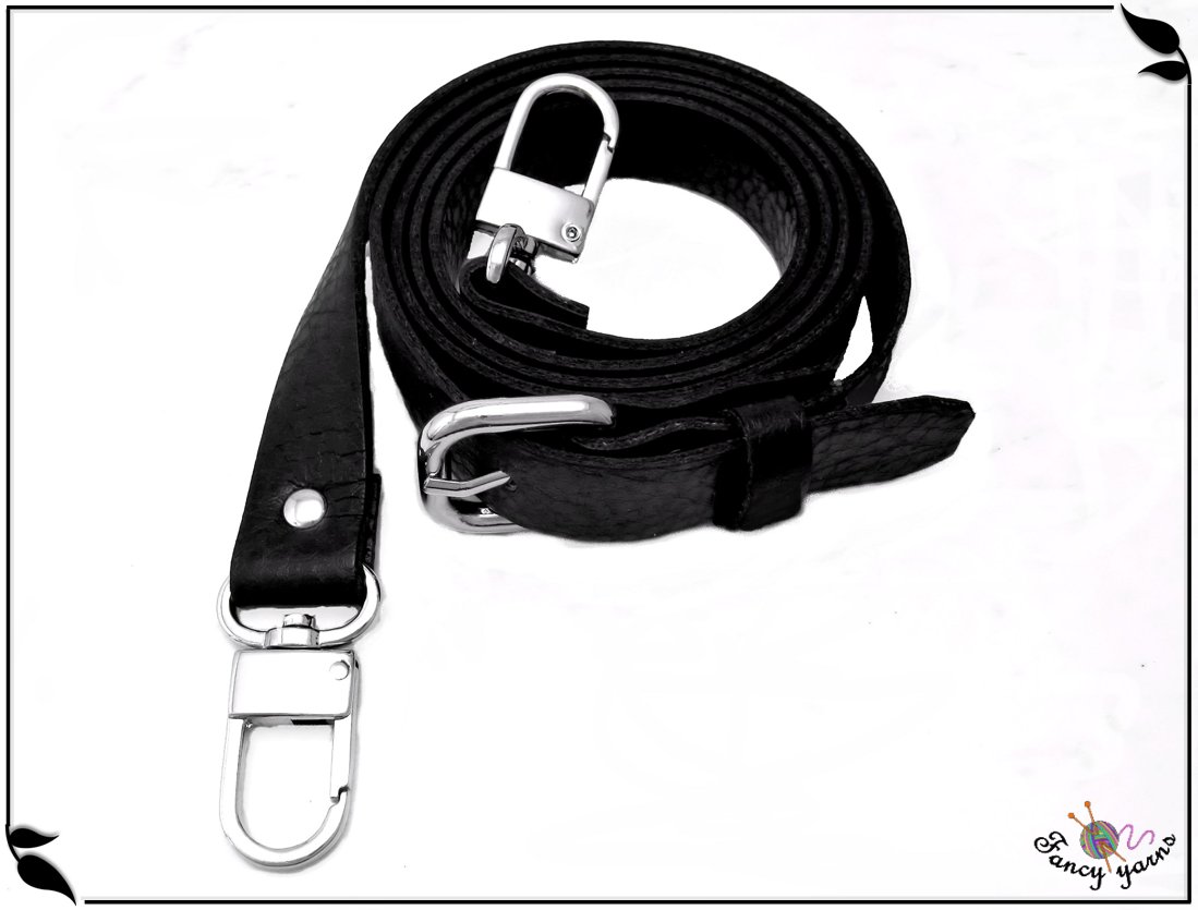 Shoulder strap for bag, adjustable black leatherette, 105/120 cm. silver color finishes.