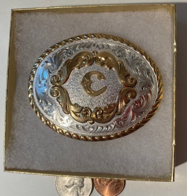 Vintage Metal Belt Buckle, German Silver, Letter C, Initial C, Montana Silversmiths, 3