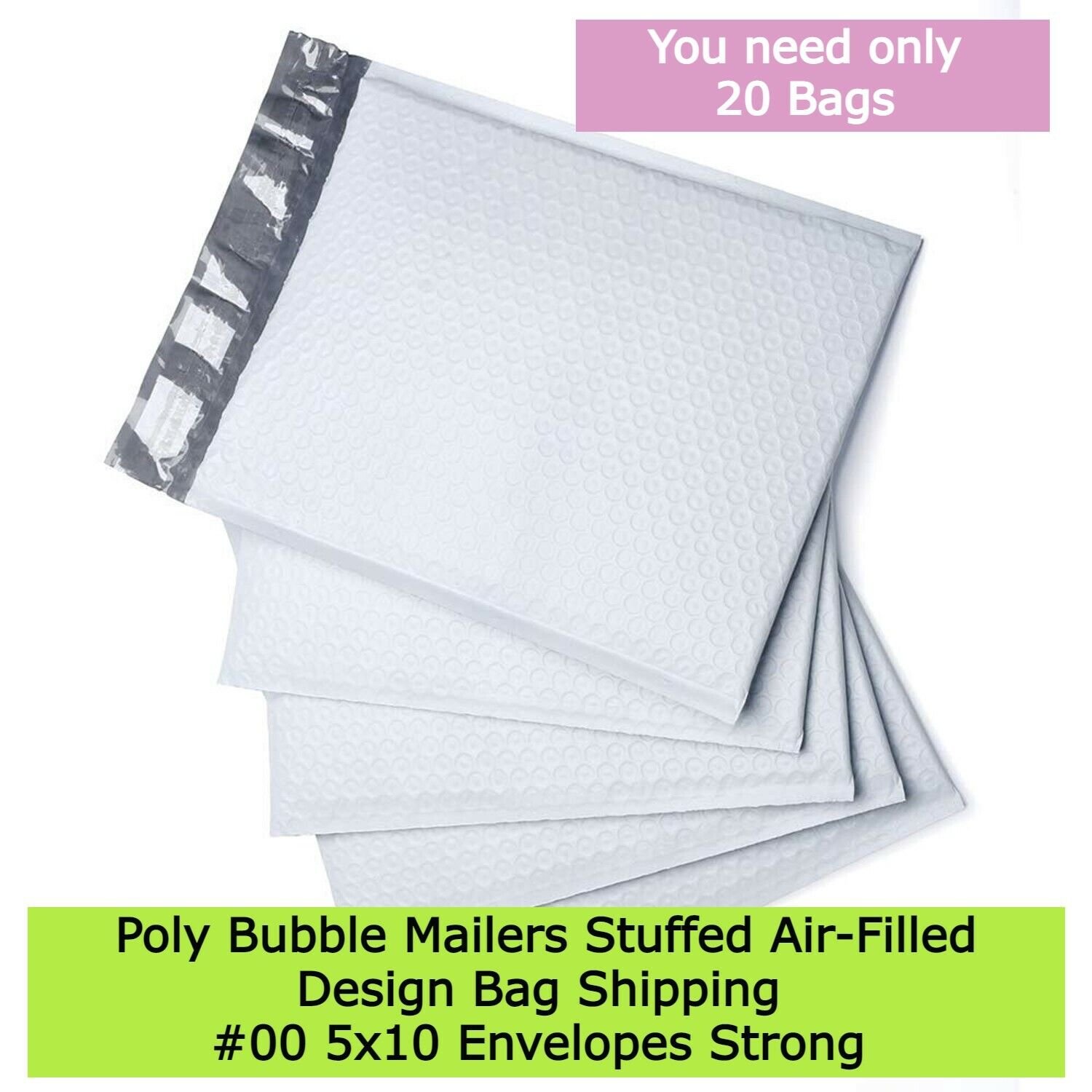 20 Poly Bubble Mailers Air-Filled Envelopes Design Bag Shipping #00 5x10 Strong