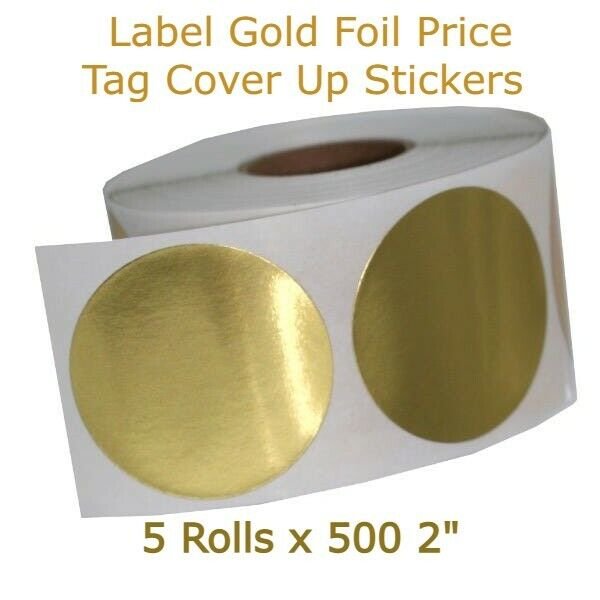 5 Rolls Label Stickers Gold Foil Price Tag Cover Up 500 2&acirc;�� in Round Seals Self