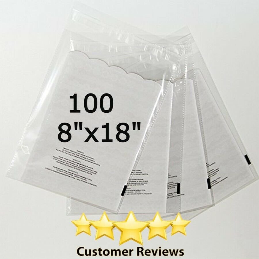 100 Pack 8x18 Self Seal 1.5 mil Suffocation Warning Clear Poly Bags Free Shippin