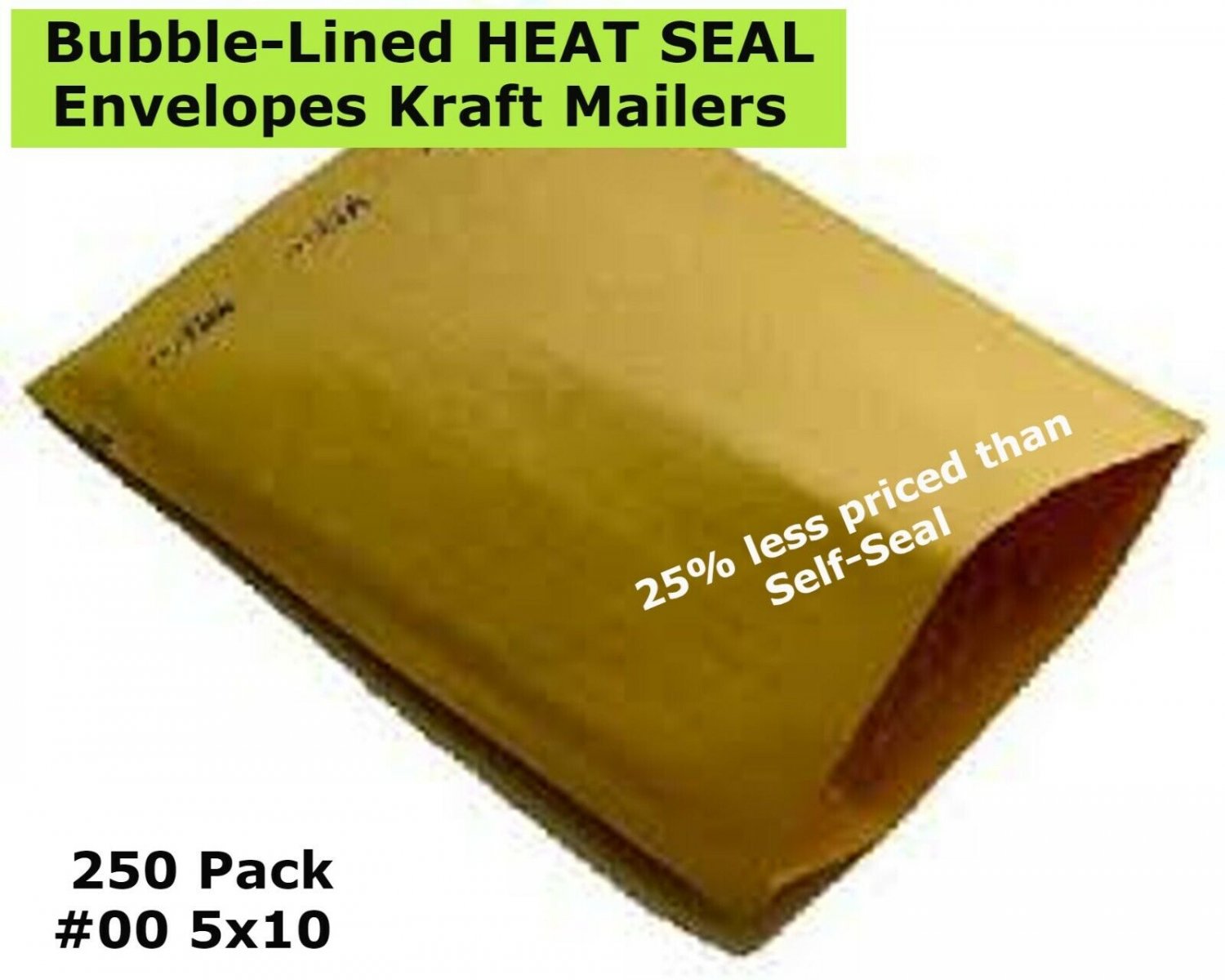 250 Bubble-Lined HEAT SEAL Envelopes Golden Kraft Mailers 250 Pack #00 5 x 10