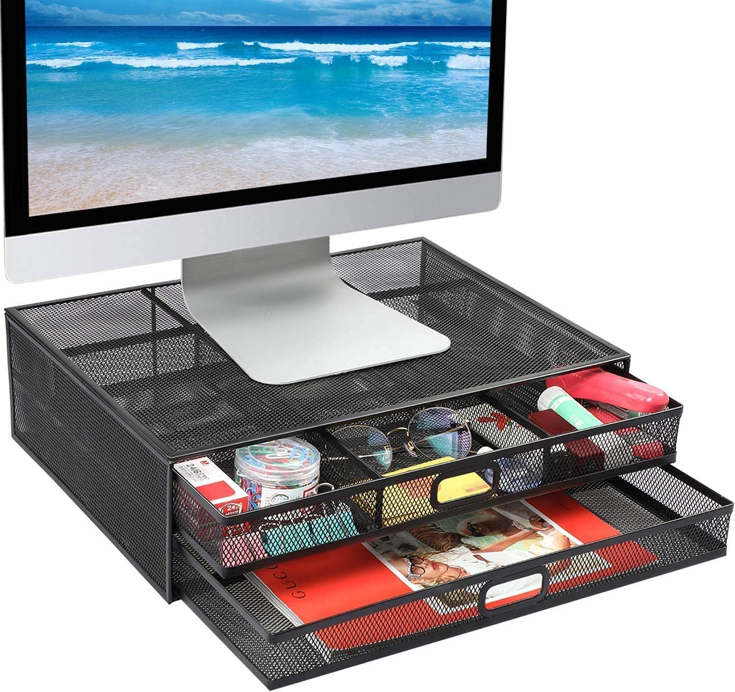 Monitor Stand, Monitor Stand with Drawer, Monitor Riser Mesh Metal, Desk Organiz