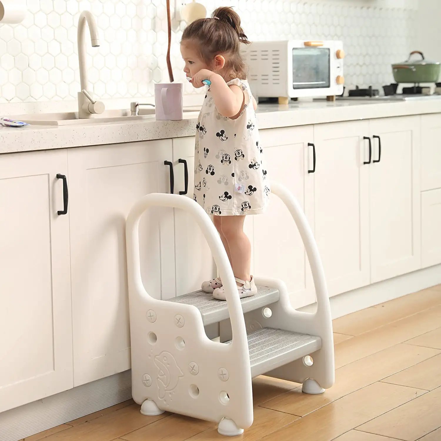 Two Step Stool with Handles Height Adjustable Footstool for Toddlers Children Ki