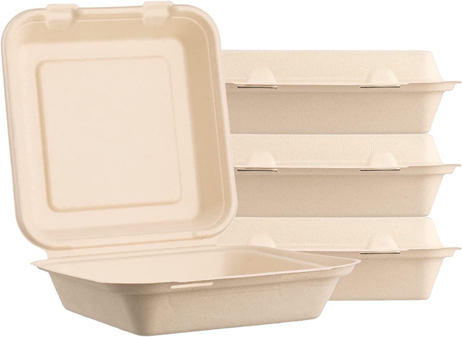 50 COUNT Sugarfiber 8 X 8" Compostable Square Hinged Container, Single Compartme