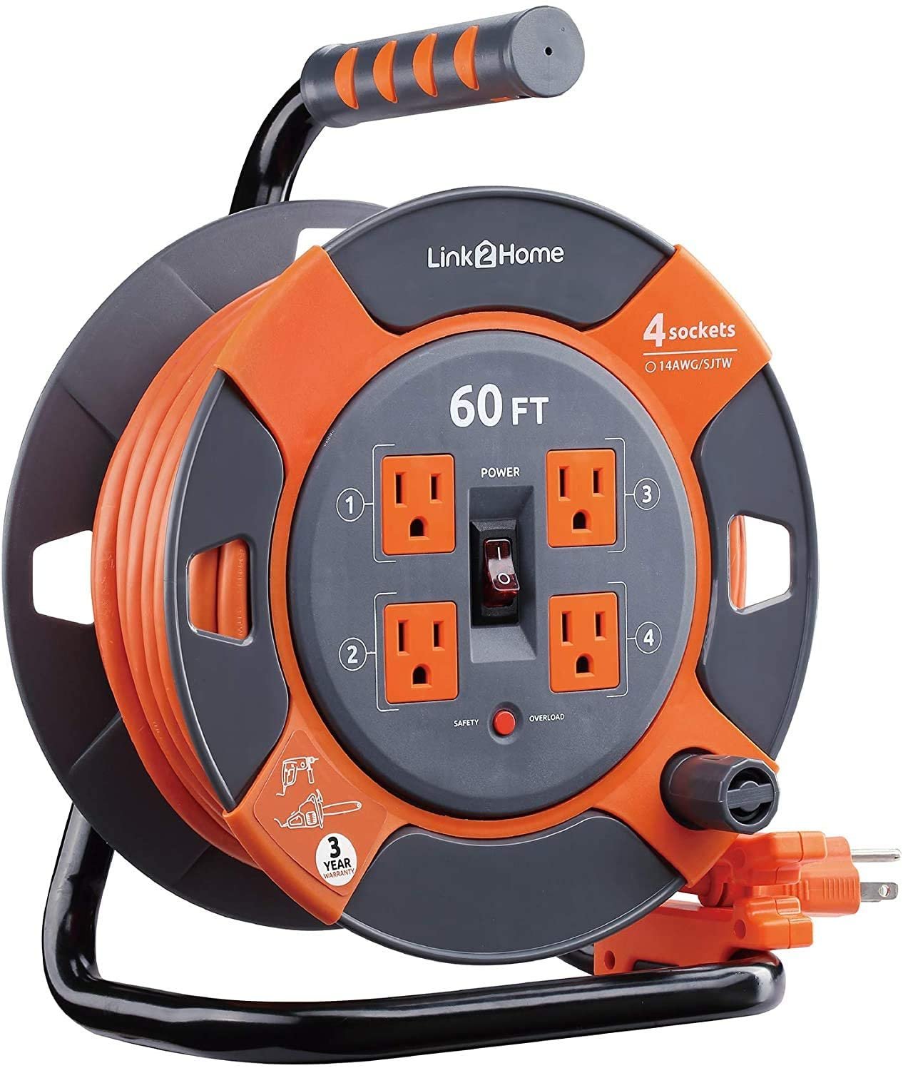 Cord Reel Extension Cord 4 Power Outlets &acirc;�� 14 AWG SJTW Cable. Heavy Duty High Vi