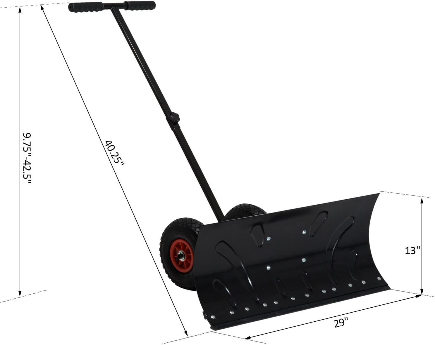 Outsunny Snow Shovel with Wheels, HeavyDuty Metal Snow Pusher
