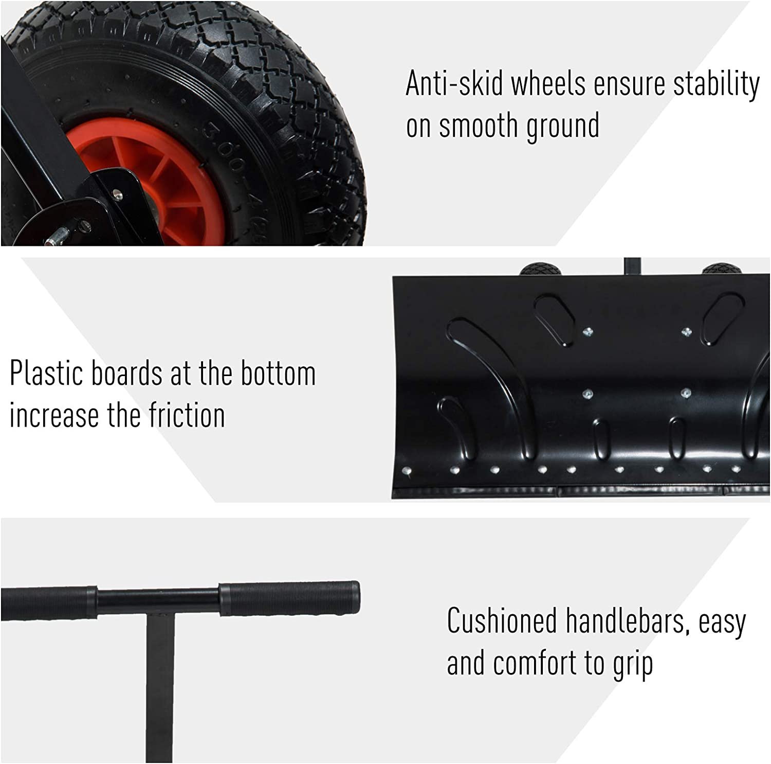 Outsunny Snow Shovel with Wheels, HeavyDuty Metal Snow Pusher