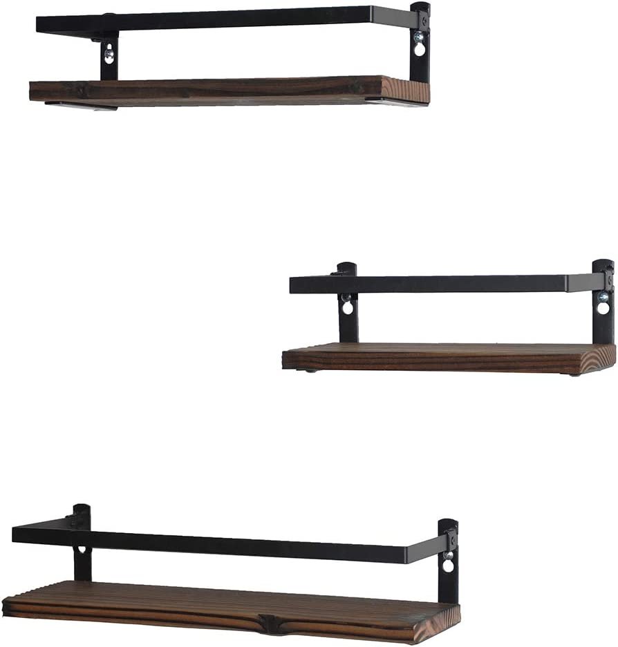 Floating Shelves Rustic Wood Wall Mounted Shelf Practical Metal Fence Set of 3
