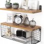 Floating Shelves Wall Mounted, Rustic Wood Paper Storage Basket Farmhouse Set 3