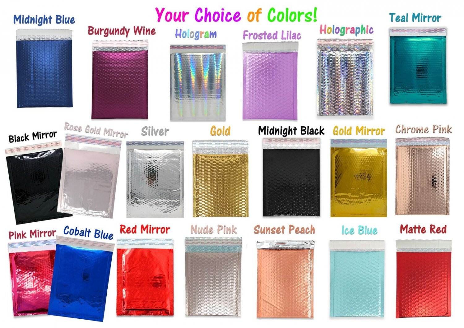 6X10 Metallic Bubble Mailers Pink, Teal, Burgundy, Black, Hologram, Gold, Hologr