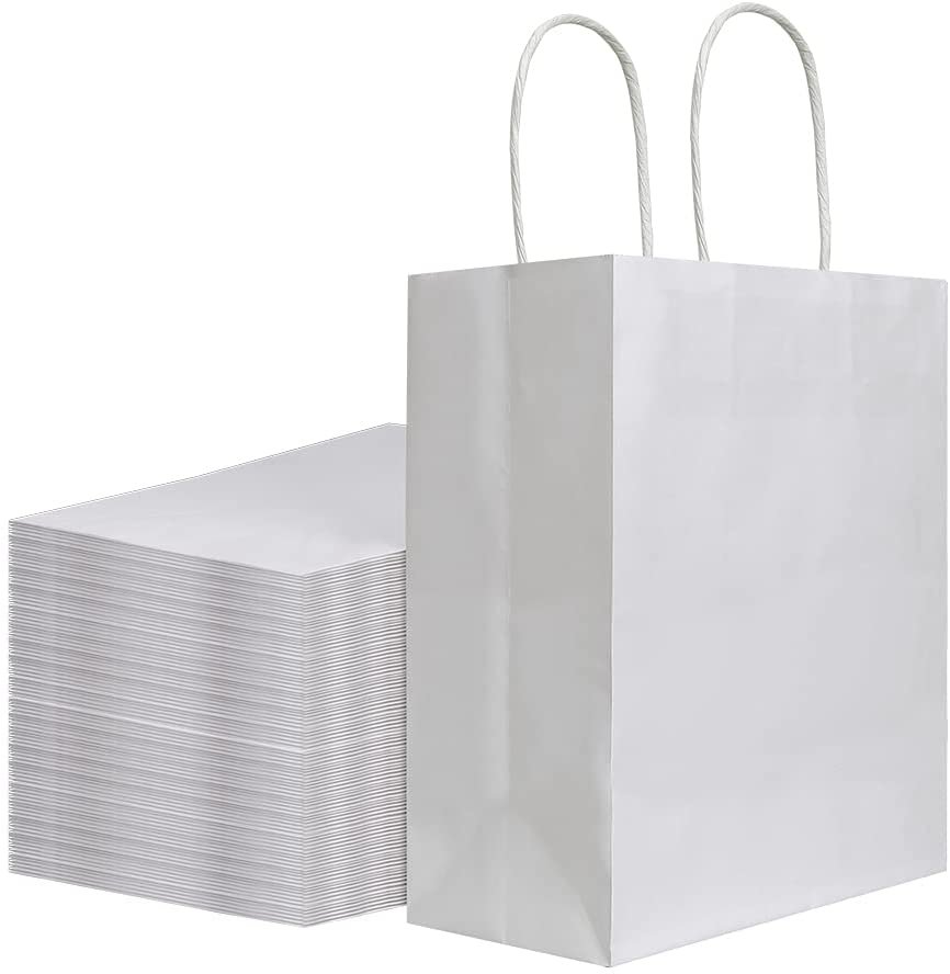 100Pcs Pack 8X4.75X10 Inch Medium White Kraft Paper Bags with Handles Bulk, Gift