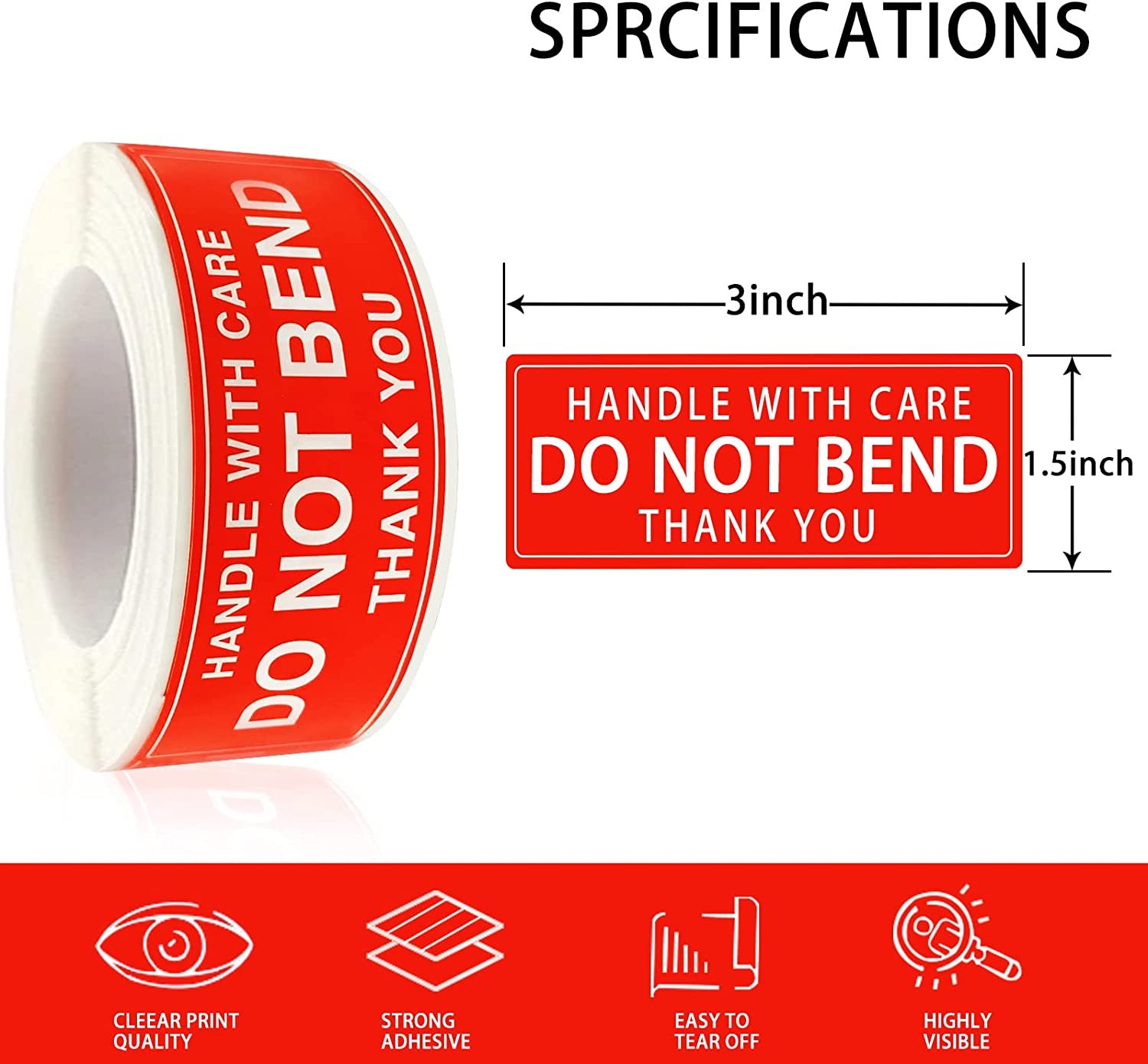 3" X 1" Handle with Care - Do Not Bend - Thank You Shipping Stickers Labels, 250