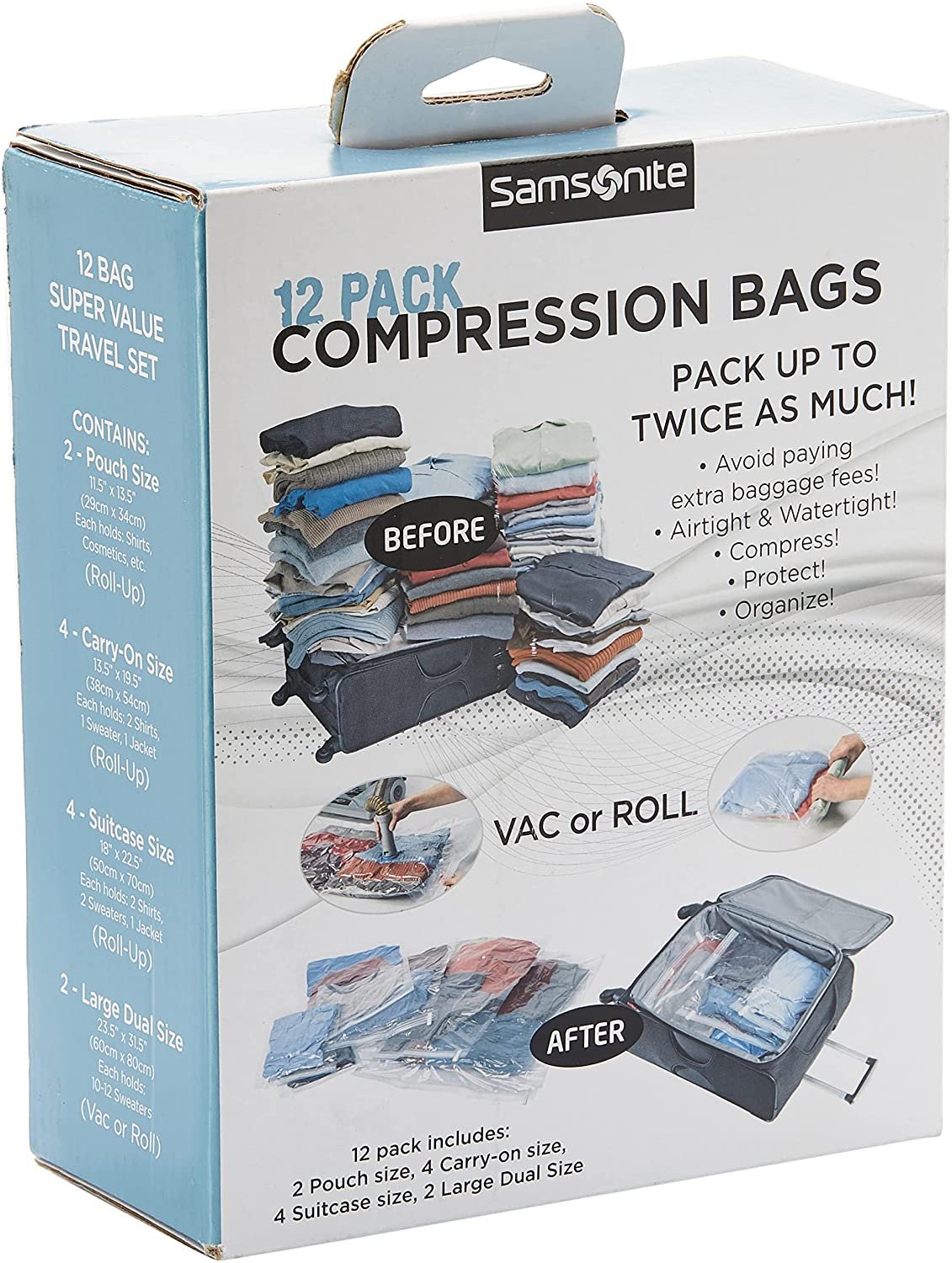 Samsonite Compression Packing Bags, Clear, 12-Piece Kit (2-Pouch/4-Carry-On/4-La