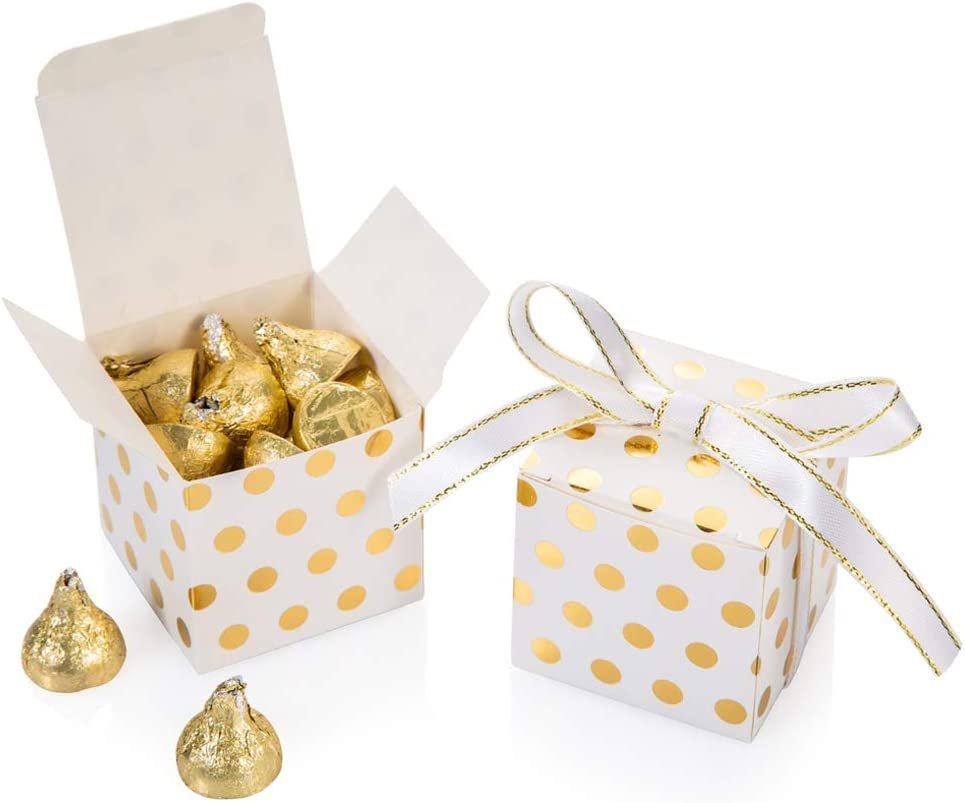 Gift Candy Box Bulk with Gold Dots 2X2X2 Inches with Ribbon Party Favor Box