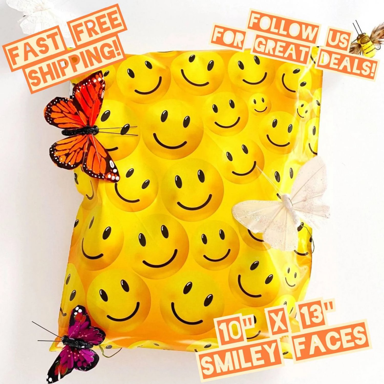 Smiley Faces Theme 10"X13" Poly Mailers / Fast FREE Shipping / Designer Shipping